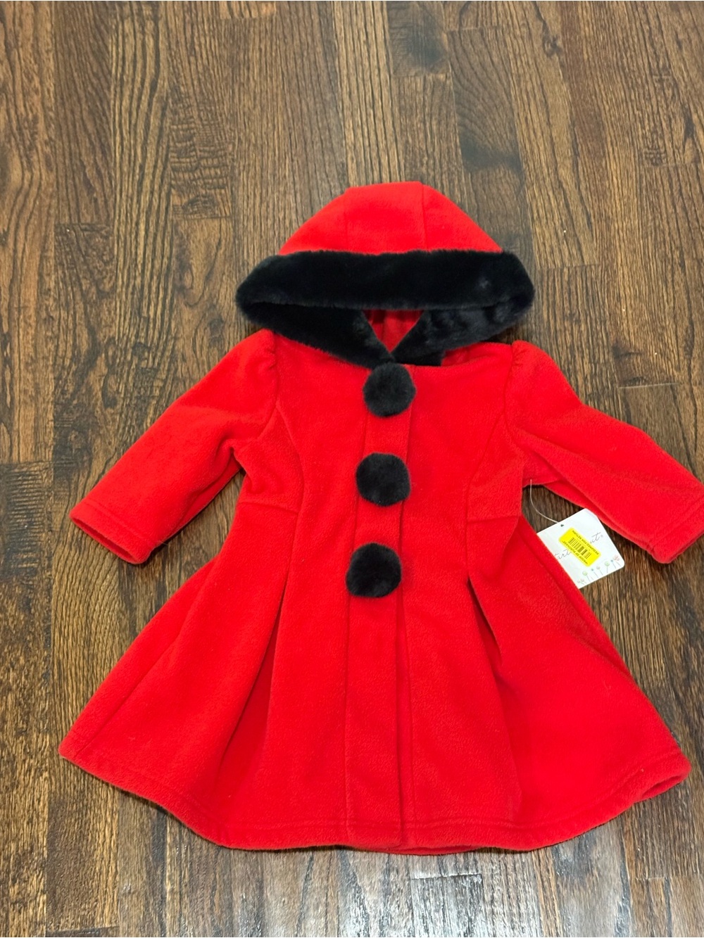 NWT Girls Red Hooded Coat with Black Fur Trim Velcro Size 12 Months Starting Out